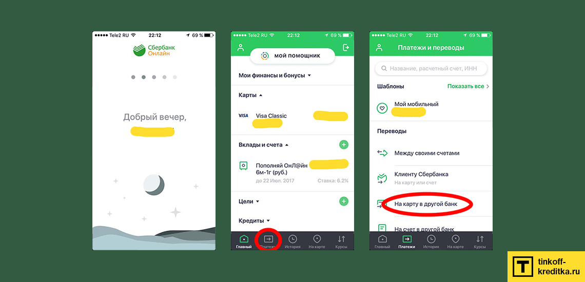 Вход в мобильное приложение Сбер на IOS - Платежи - На карту в другой банк